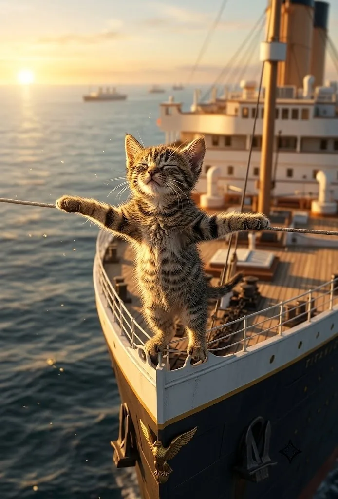 Cate at the bow of the ship at golden hour
