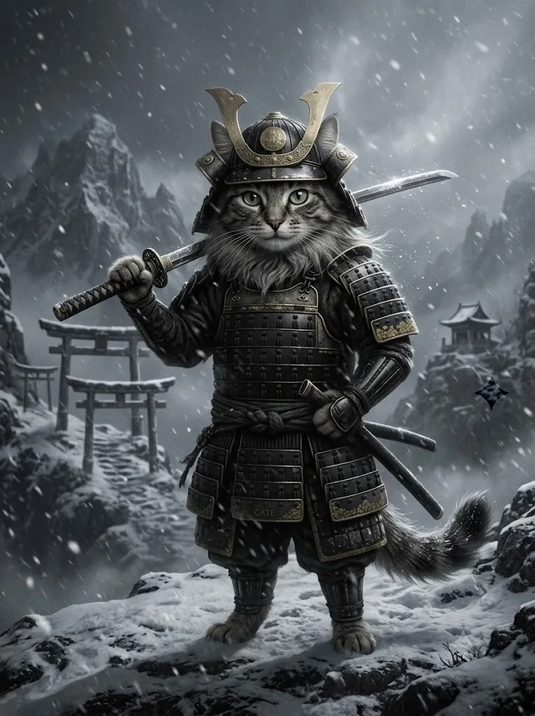 Cate as a samurai in the snow