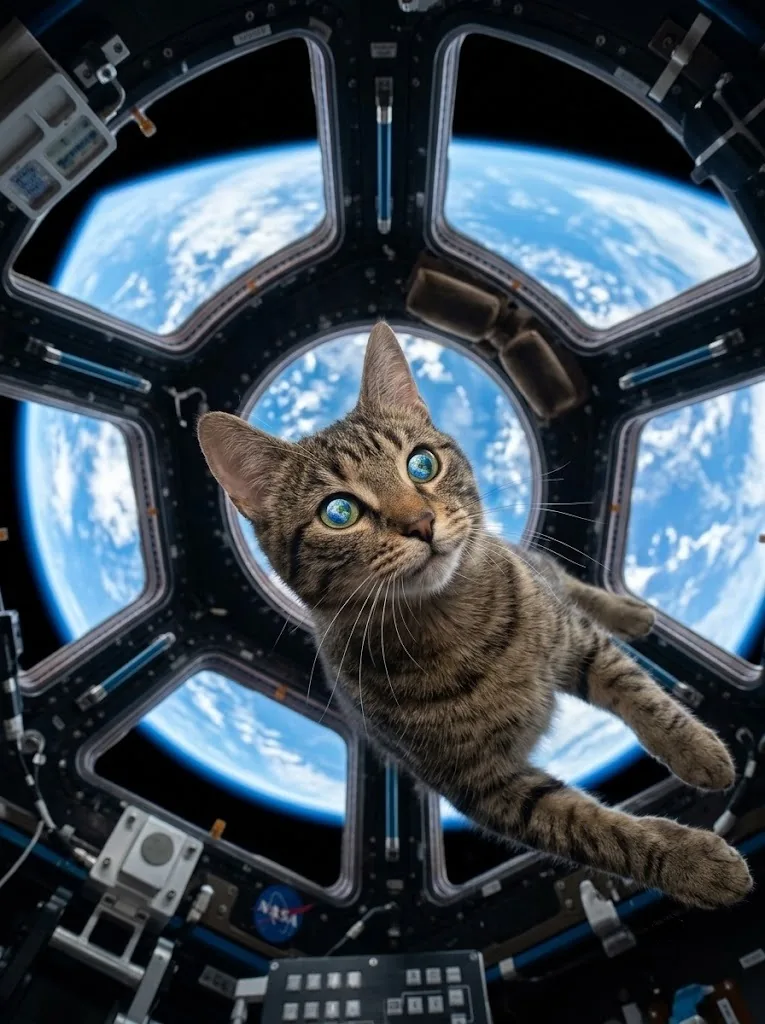 Cate floating in the space station cupola