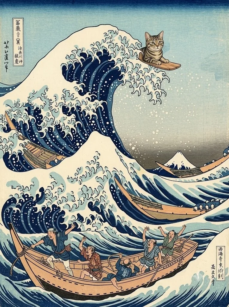 Cate surfing the Great Wave
