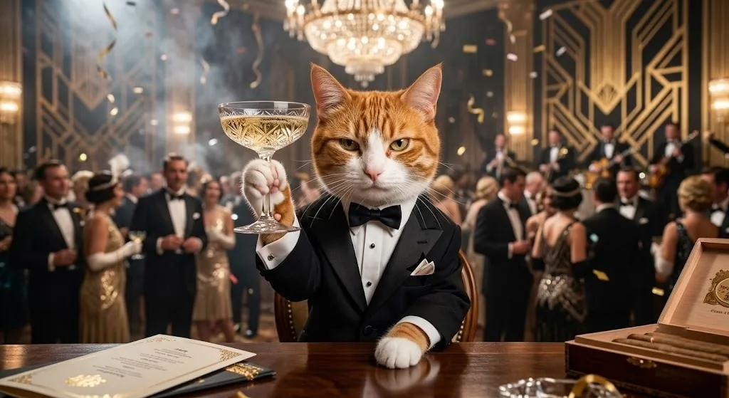 Cate toasting champagne at a gilded gala