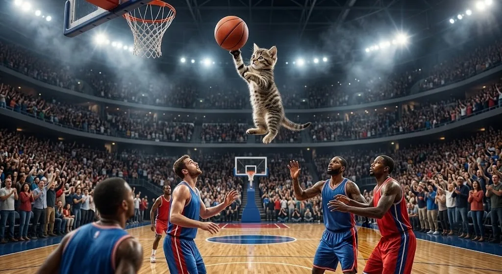 Cate soaring for a basketball dunk in a packed arena