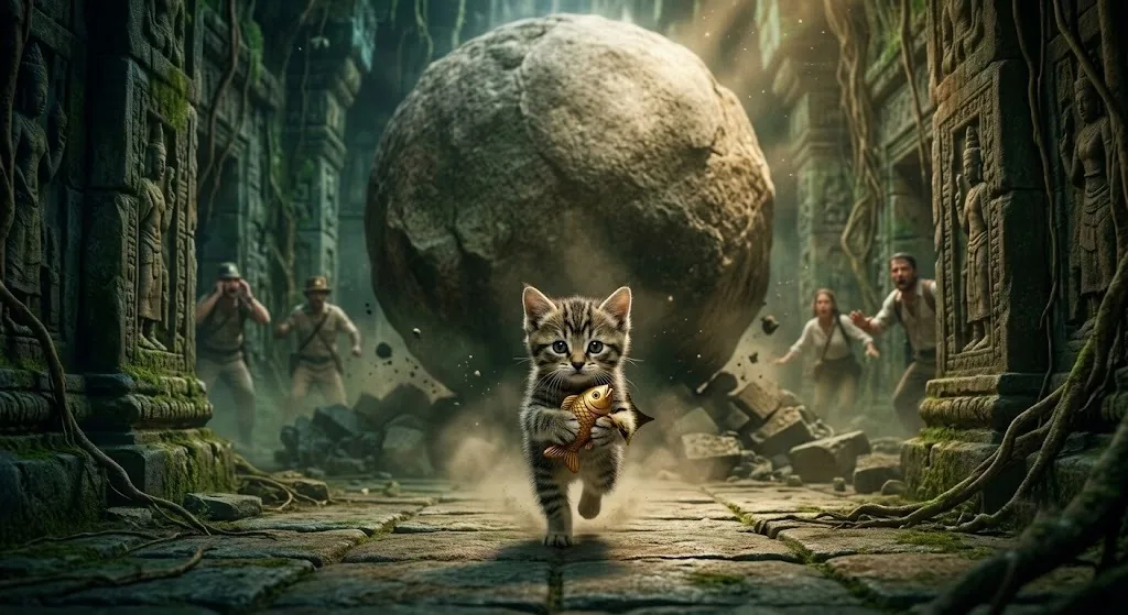 Cate escaping the temple with a golden fish