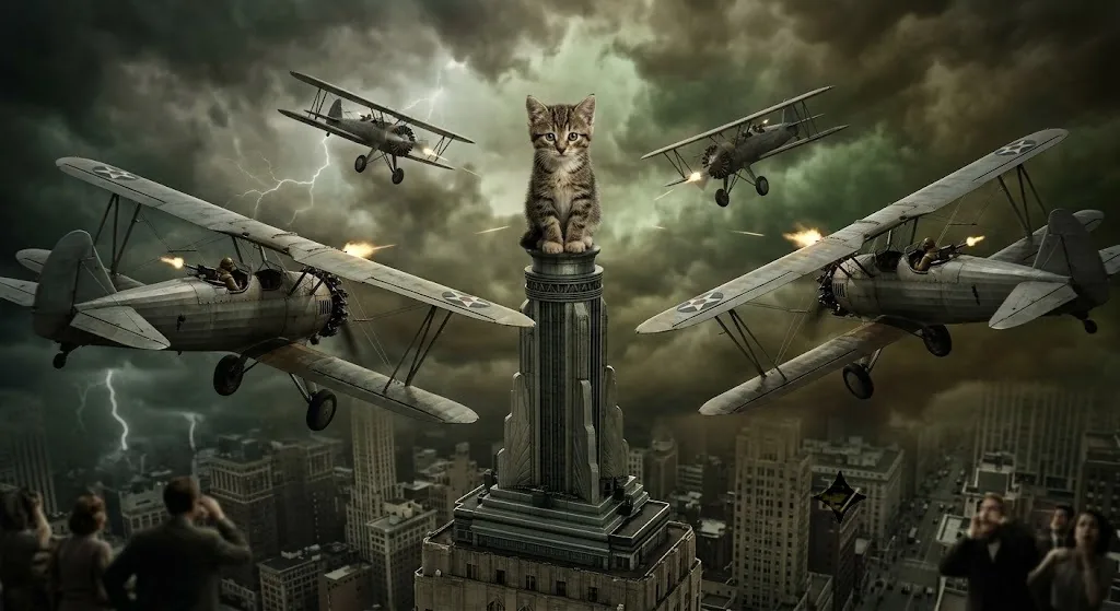 Cate atop a skyscraper with biplanes circling in a storm