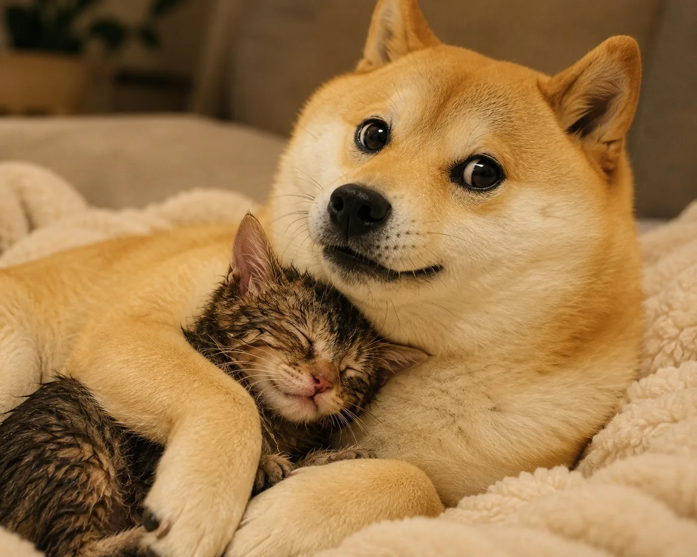 Cate napping in the arms of Doge