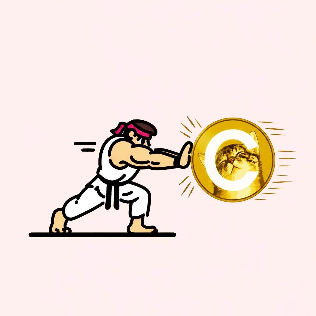 Street Fighter-style karate master palm-striking a giant CateCoin