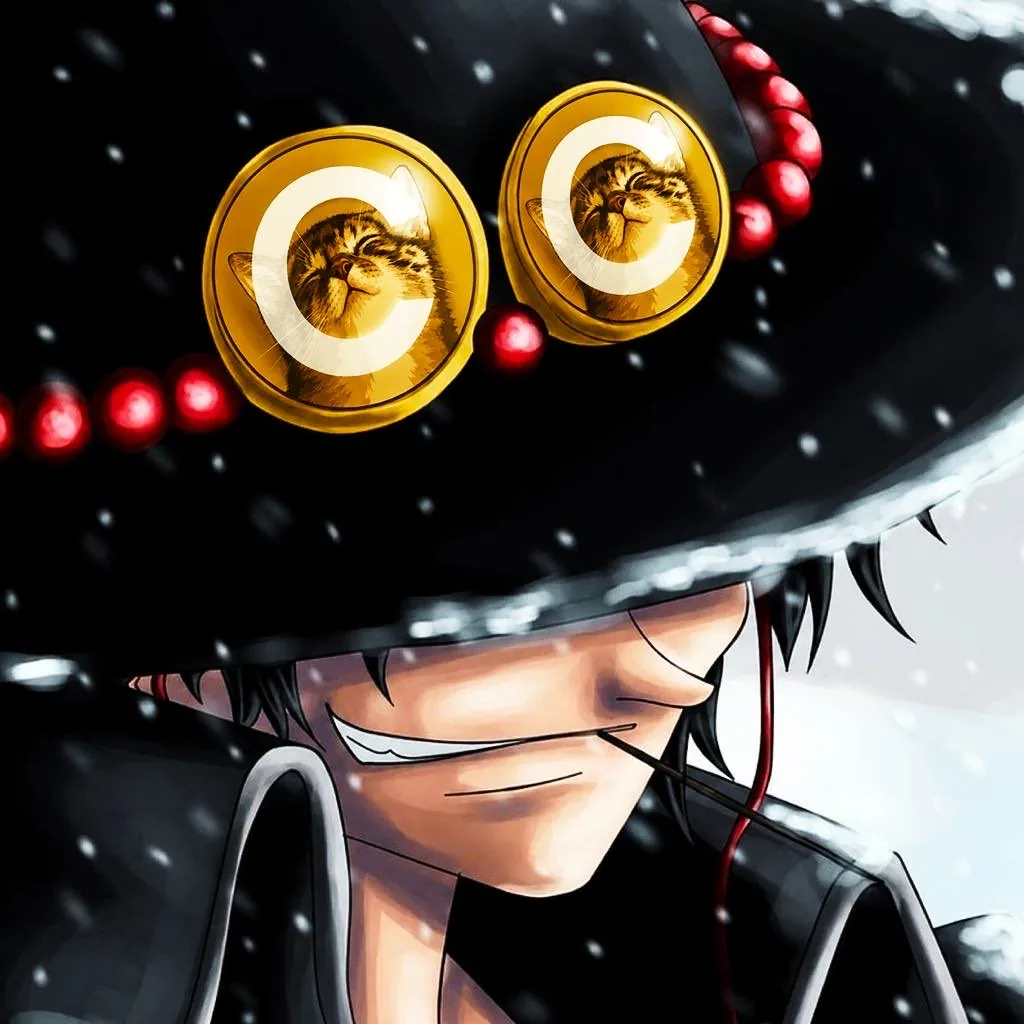 Anime pirate in a straw hat with glowing CateCoin eyes in the snow