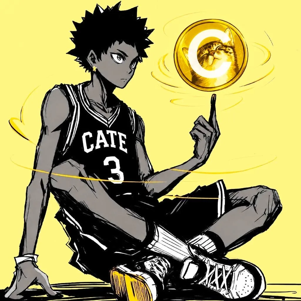 Anime baller in a CATE jersey spinning a CateCoin on one finger