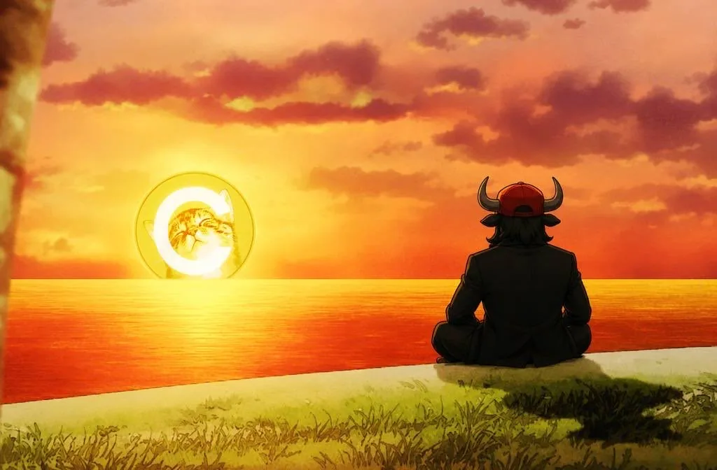 Anime figure watching the CateCoin sun set over the ocean