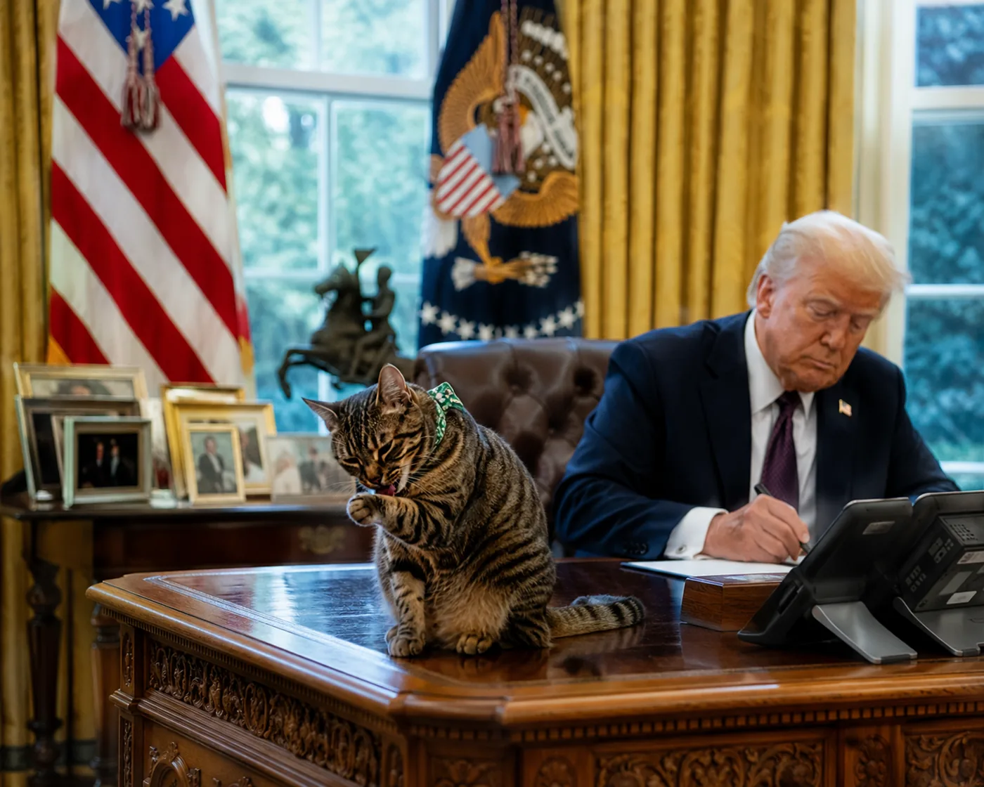 Cate grooming herself on the Oval Office desk