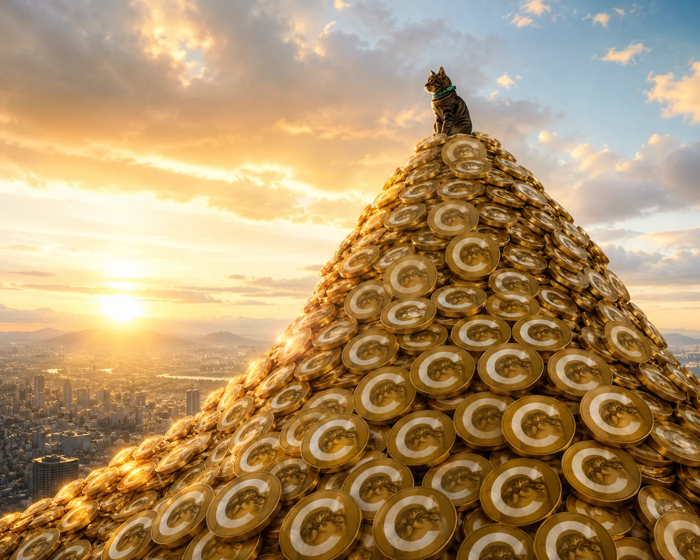 Cate perched atop a mountain of CateCoins at sunset