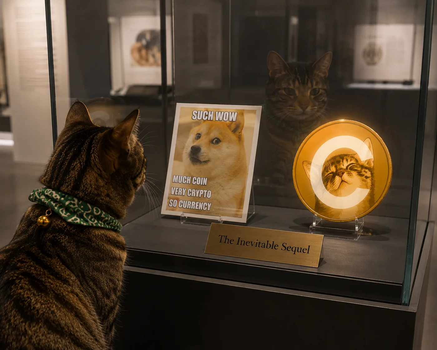 Cate viewing the Doge and CateCoin museum exhibit, The Inevitable Sequel