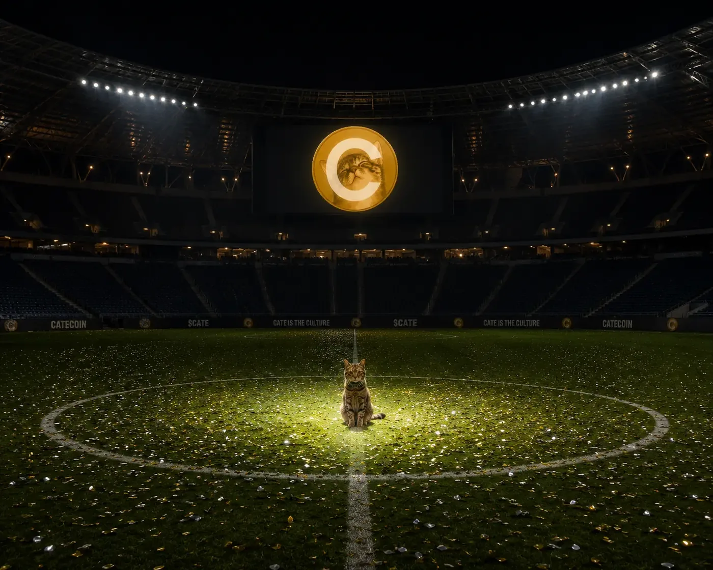 Cate alone at the centre circle of a floodlit CateCoin stadium