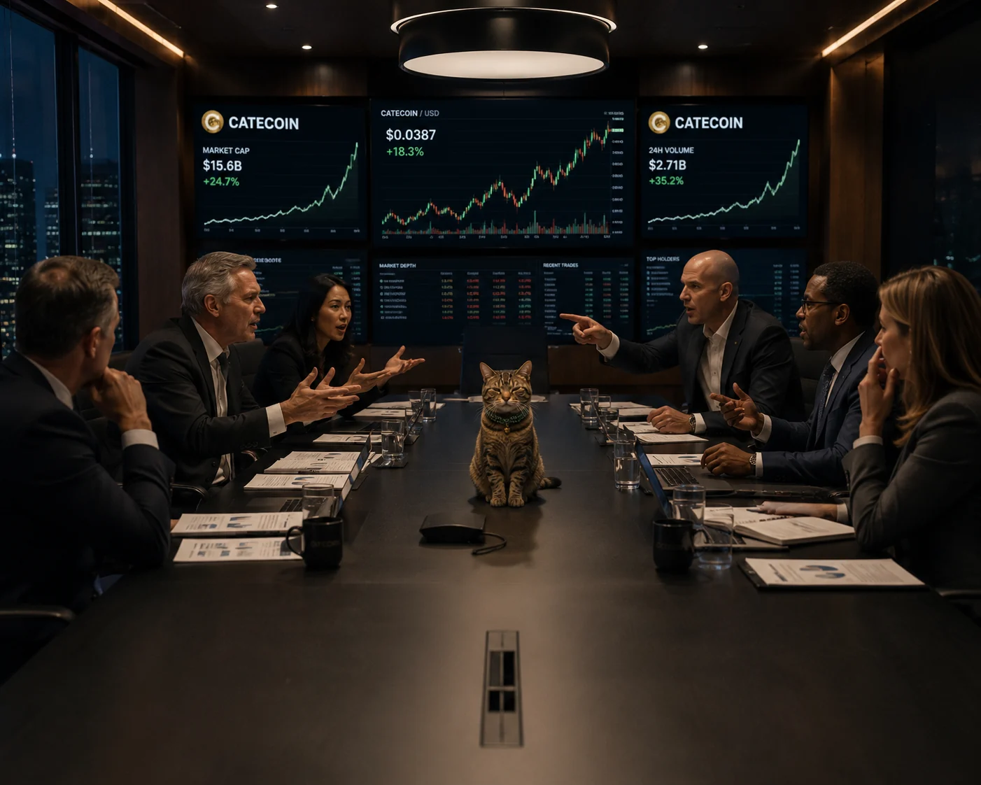 Cate presiding over a high-stakes boardroom meeting beneath soaring charts