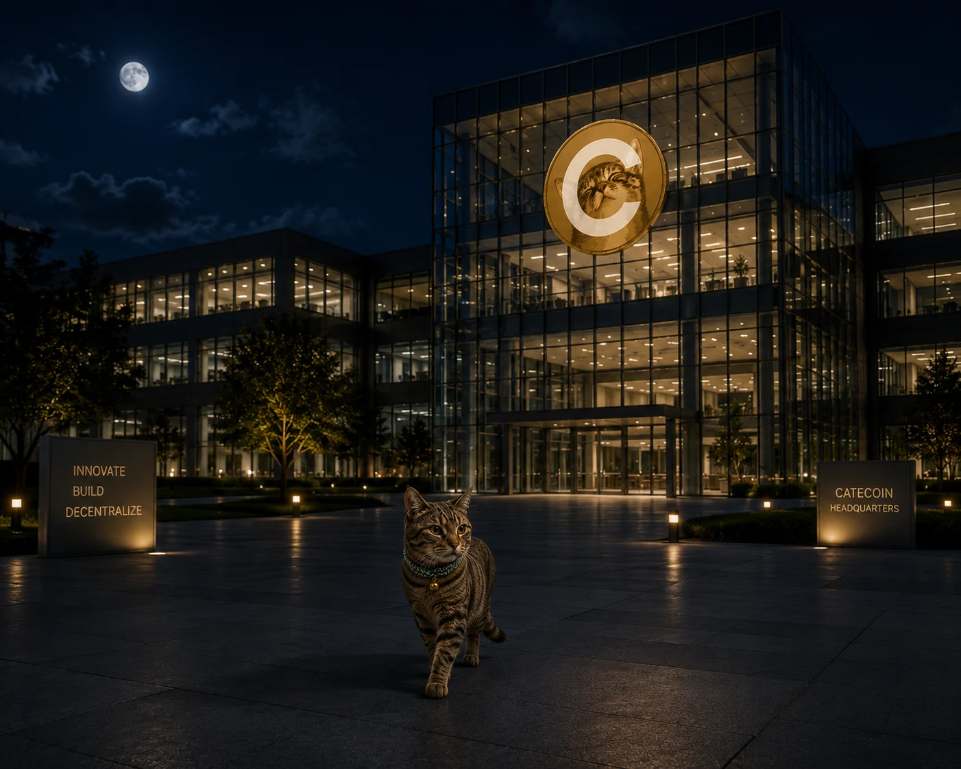 Cate outside CateCoin headquarters under a full moon