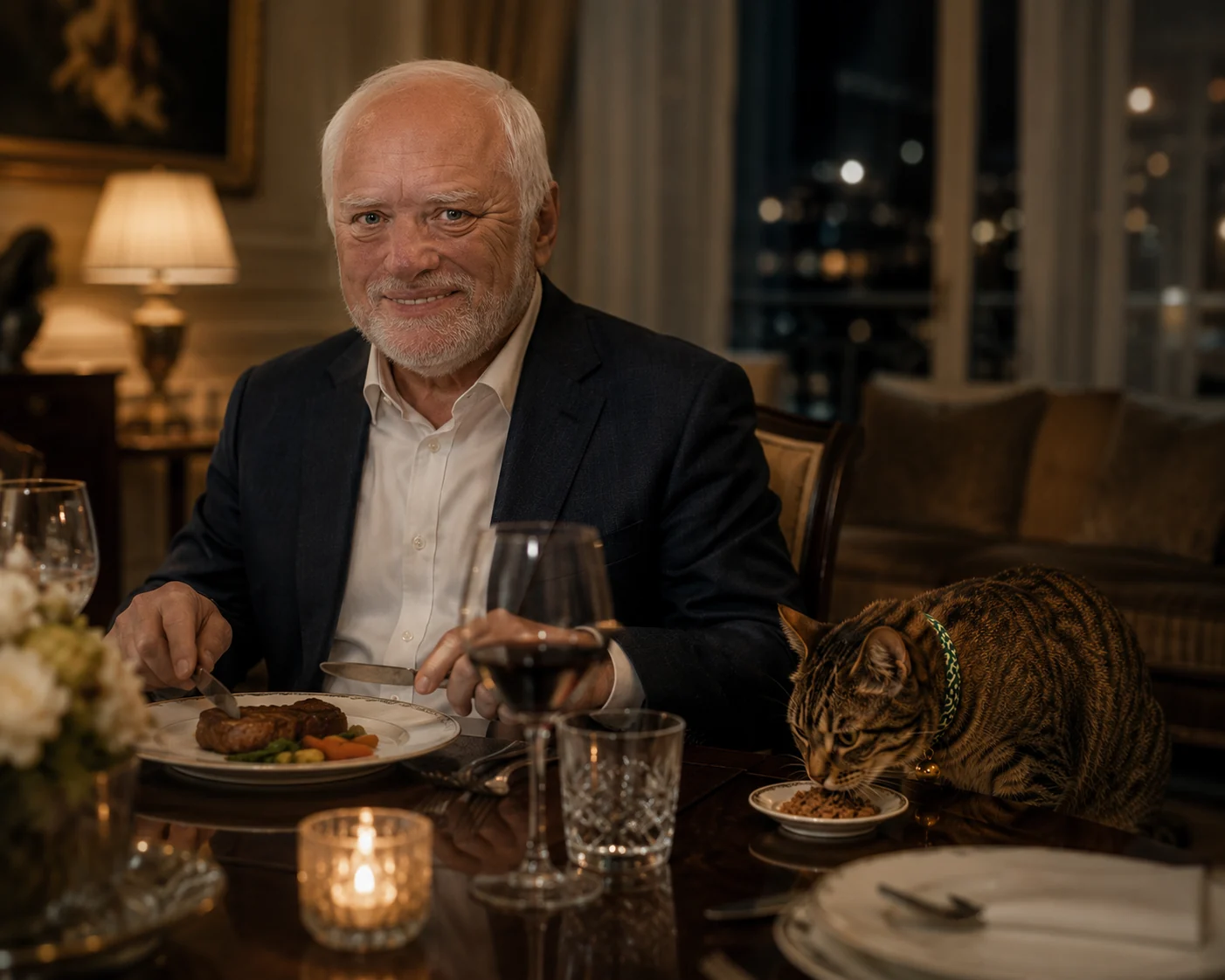 Cate joining a candlelit dinner with Hide the Pain Harold