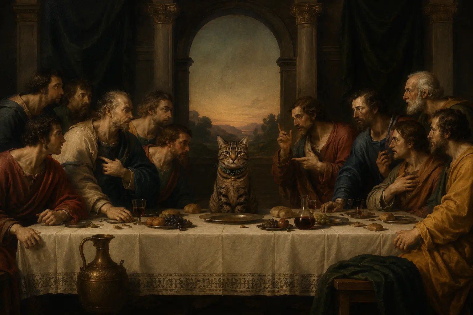 Cate centered at a Last Supper-style table scene