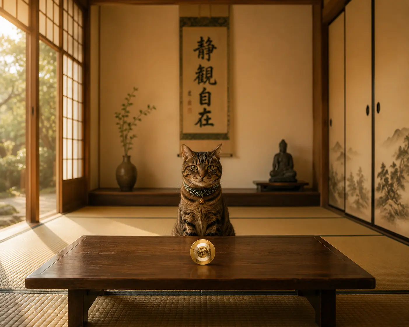 Cate in a serene Japanese tatami room with a coin on the table