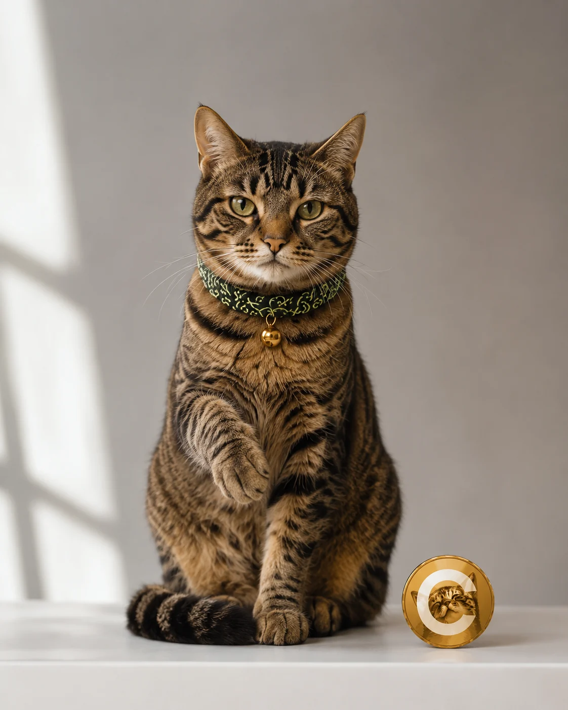 Studio portrait of Cate lifting a paw beside a CateCoin