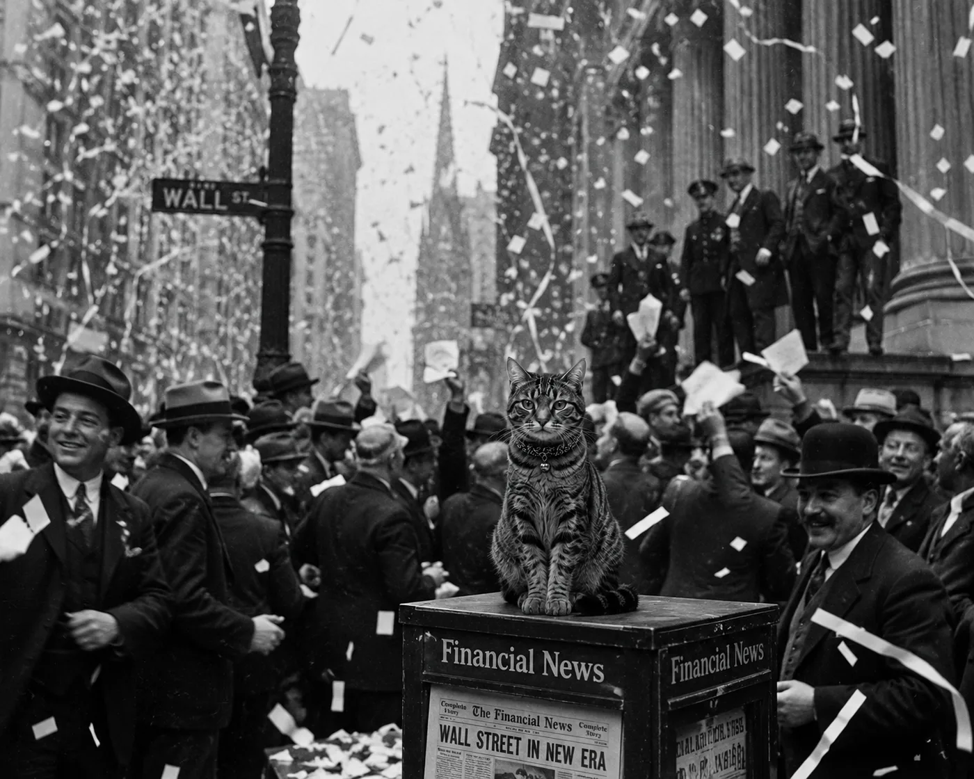 Cate atop a newsstand during a vintage Wall Street ticker-tape parade