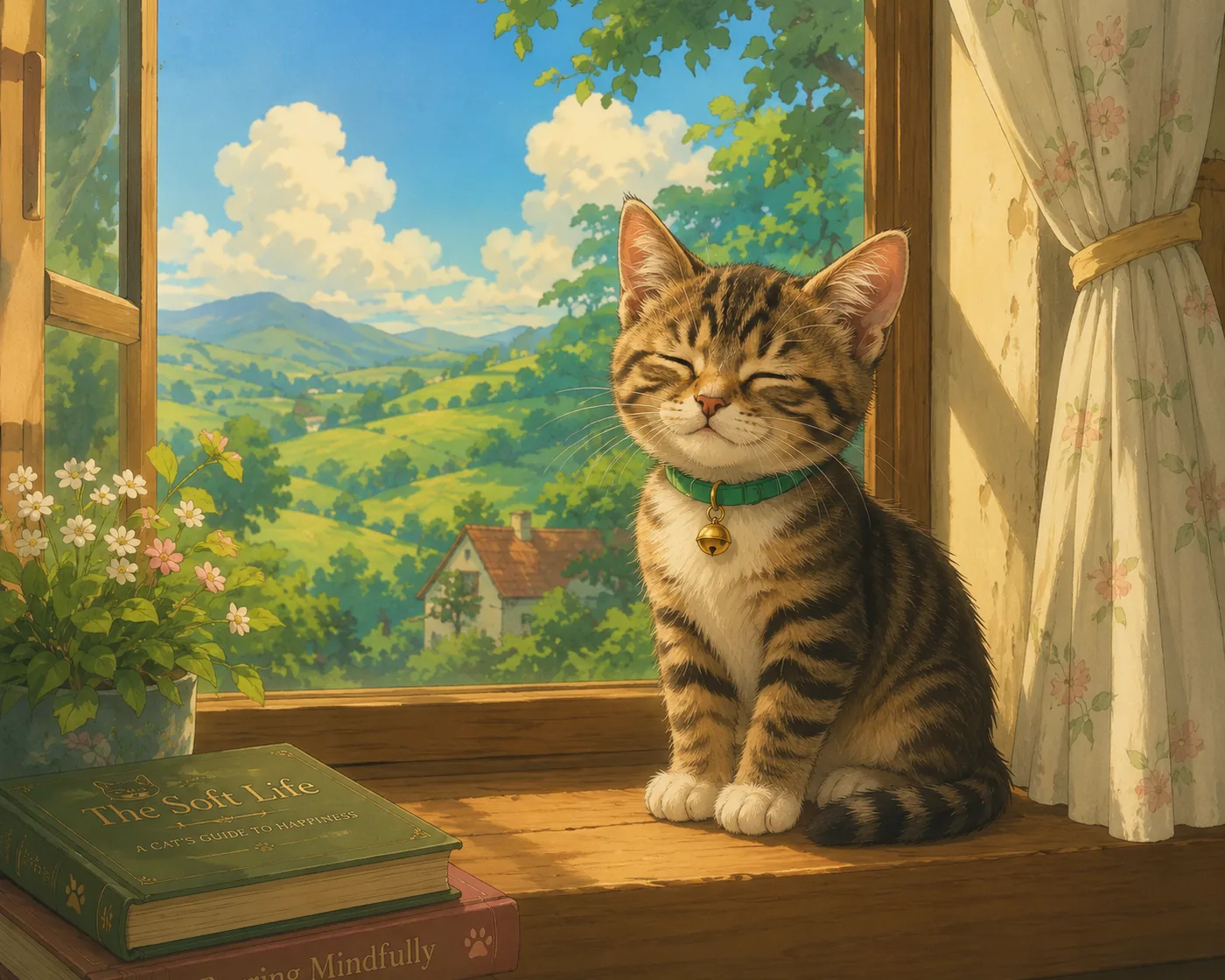 Cate dozing on a sunlit windowsill above rolling green hills