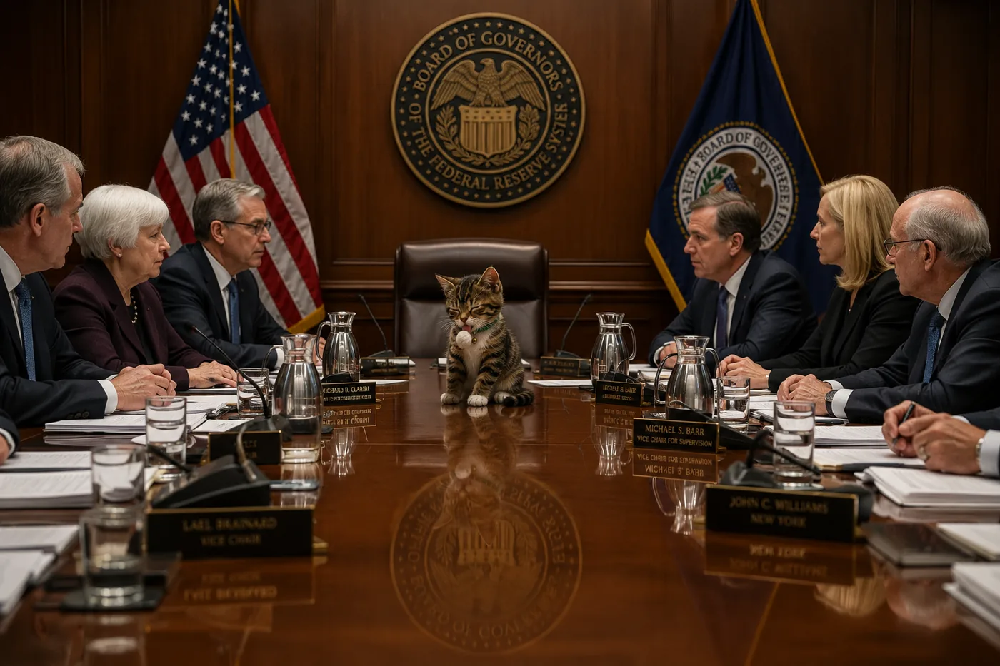 Cate seated at the head of the Federal Reserve board table