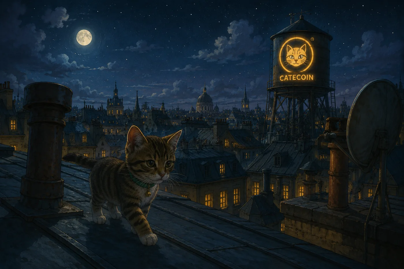 Cate walking moonlit rooftops beneath a glowing CateCoin water tower