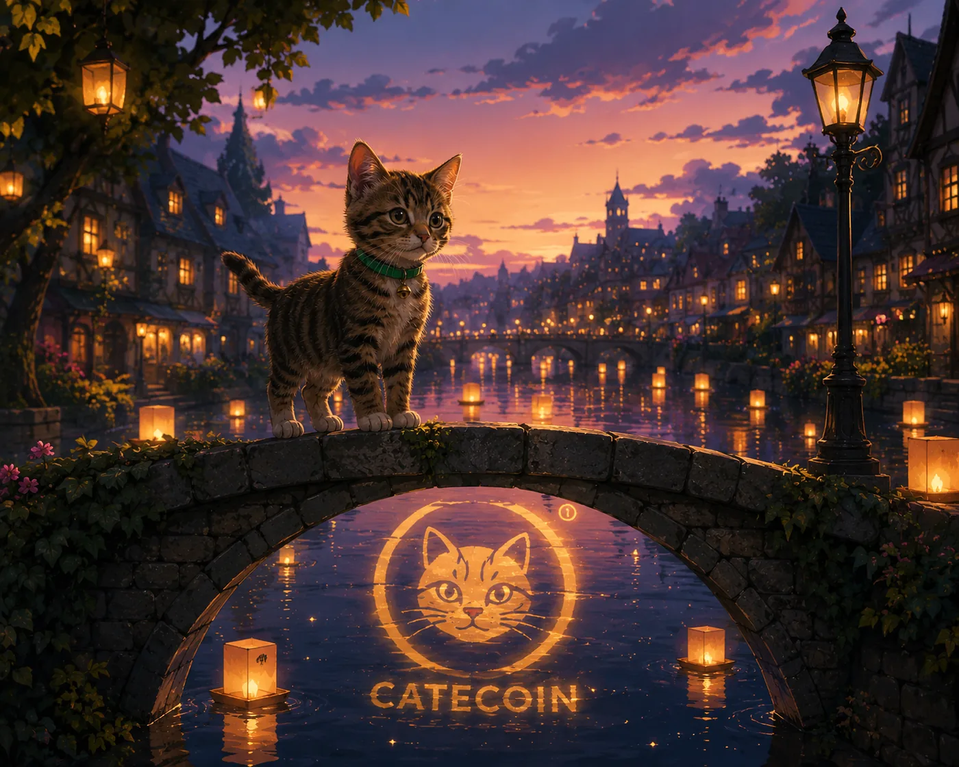 Cate standing on a stone bridge over a lantern-lit canal at sunset