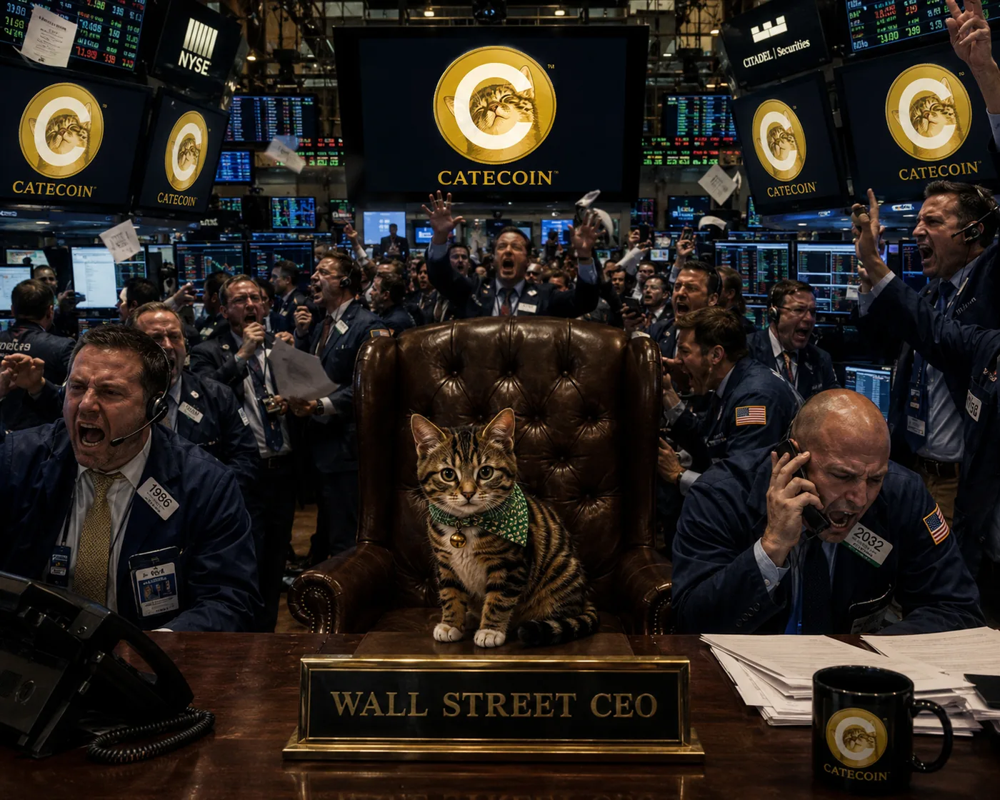 Cate as Wall Street CEO amid a roaring CateCoin trading floor