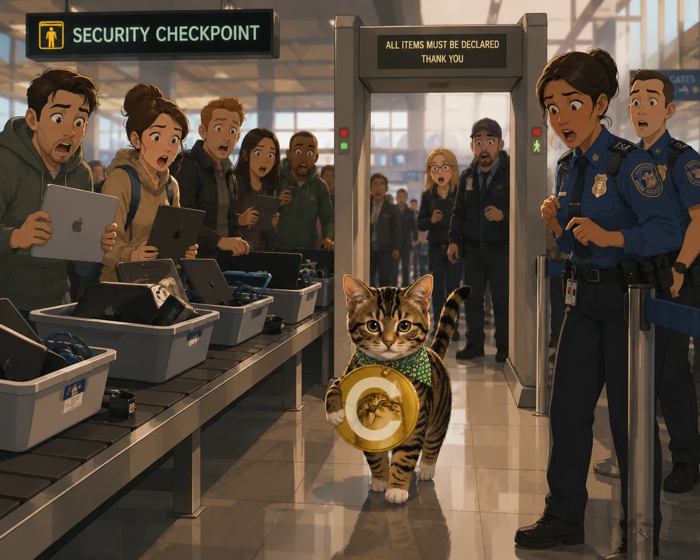 Cate strolling through airport security with a CateCoin as stunned travelers watch